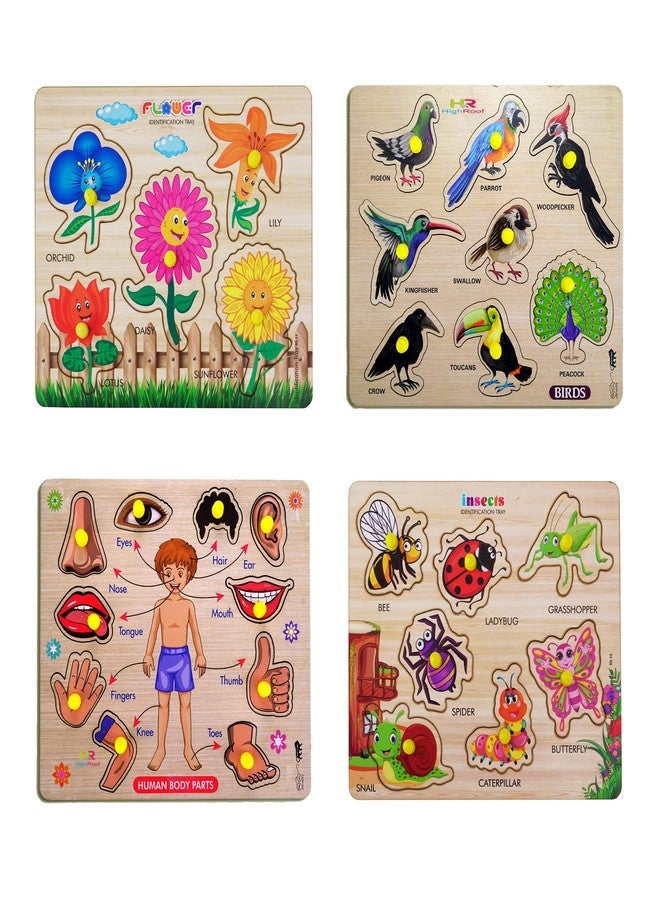 HIGHROOF® Kids Fort Pre Nursery Educational Jigsaw Puzzles for Adults Kids Learning Toys Kit Board Game 4 pcs Set of Flower Birds Human Body Parts & Insects Educational Toy - Image 1
